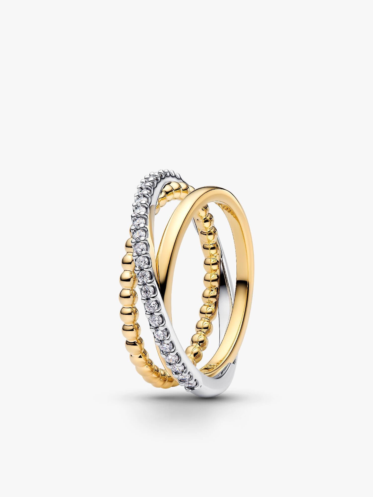 Anello Tripla Fascia Intrecciata Sfere e Pavé