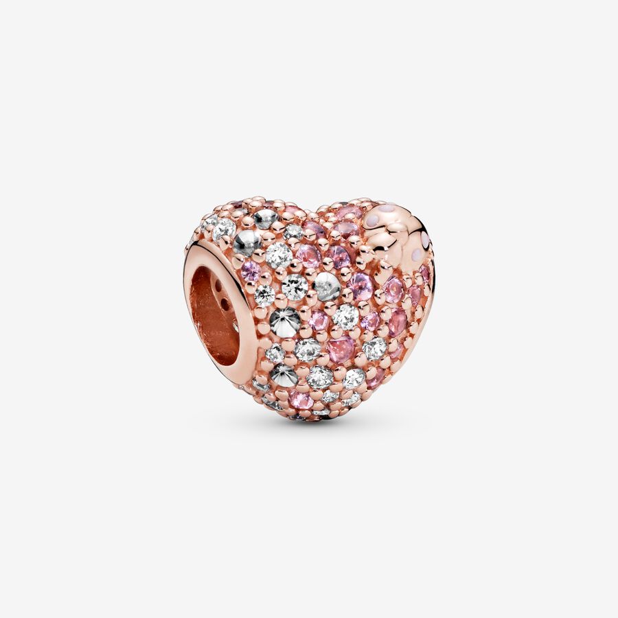 Heart and ladybird Pandora Rose charm with orchid pink crystal, rose pink crystal, clear cubic zirconia and pink enamel image number 0