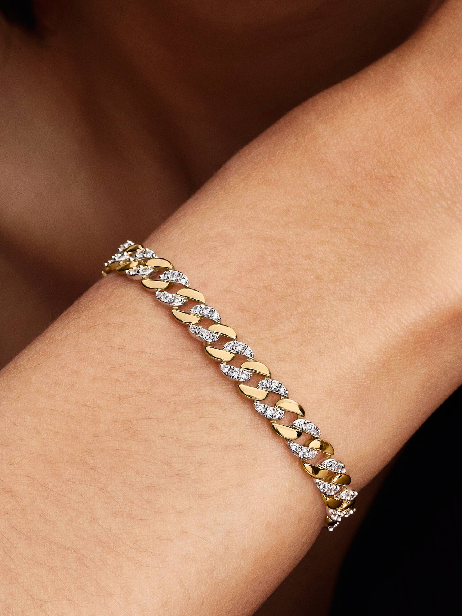 Bracciale Catena Maglia Cubana Bicolore con Pavè