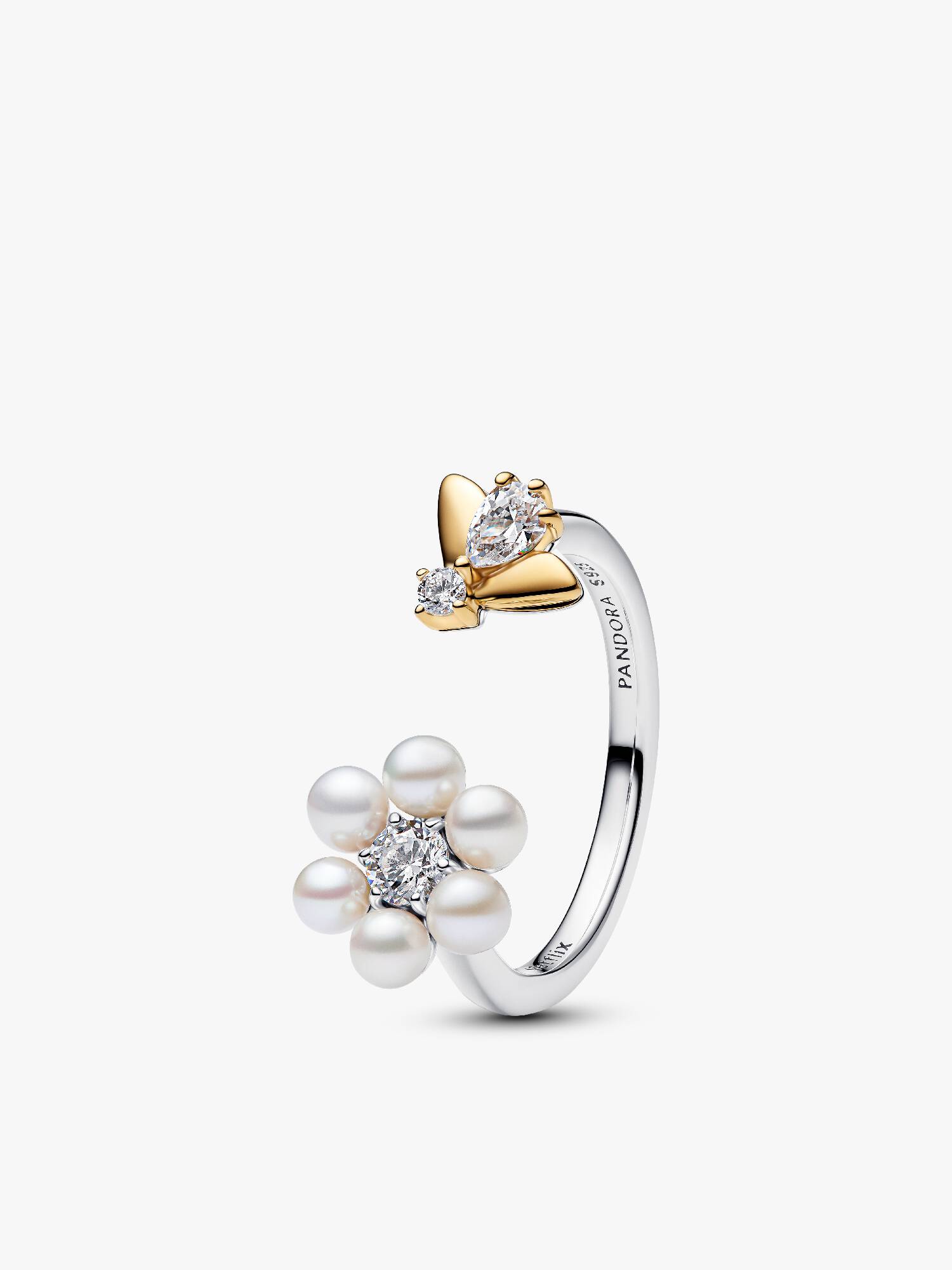 Bridgerton, Anello Aperto Ape e Fiore con Perle d'Acqua Dolce Coltivate