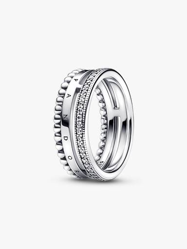 Anello Tripla Fascia con Logo, Pavé e Sfere