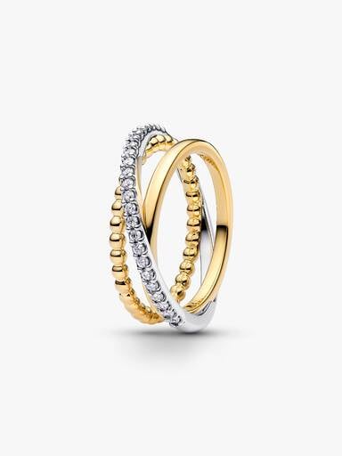 Anello Tripla Fascia Intrecciata Sfere e Pavé