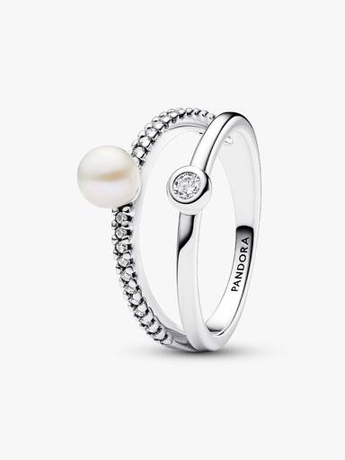 Anello Doppia Fascia con Perla d’Acqua Dolce Coltivata e Pavè