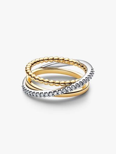 Anello Tripla Fascia Intrecciata Sfere e Pavé