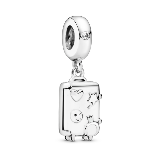 Suitcase silver dangle with clear cubic zirconia and pink enamel