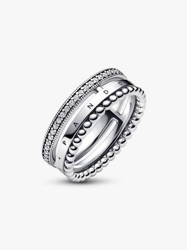 Anello Tripla Fascia con Logo, Pavé e Sfere