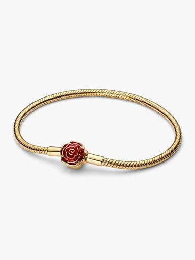 Disney, La Bella e la Bestia, Bracciale Con Chiusura Rosa Incantata Vetro di Murano