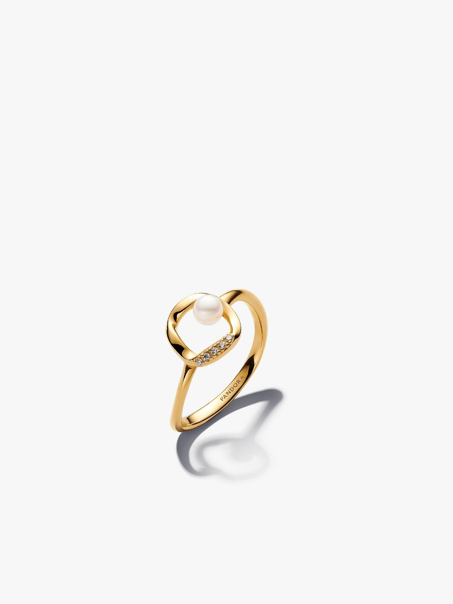 Anello Cerchio Linea Sinuosa con Perla d'Acqua Dolce Coltivata e Pavè