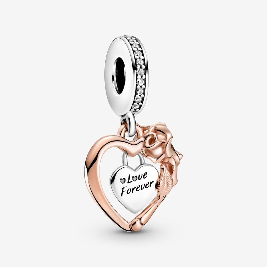 Charm Pendente Cuore e Rosa image number 0