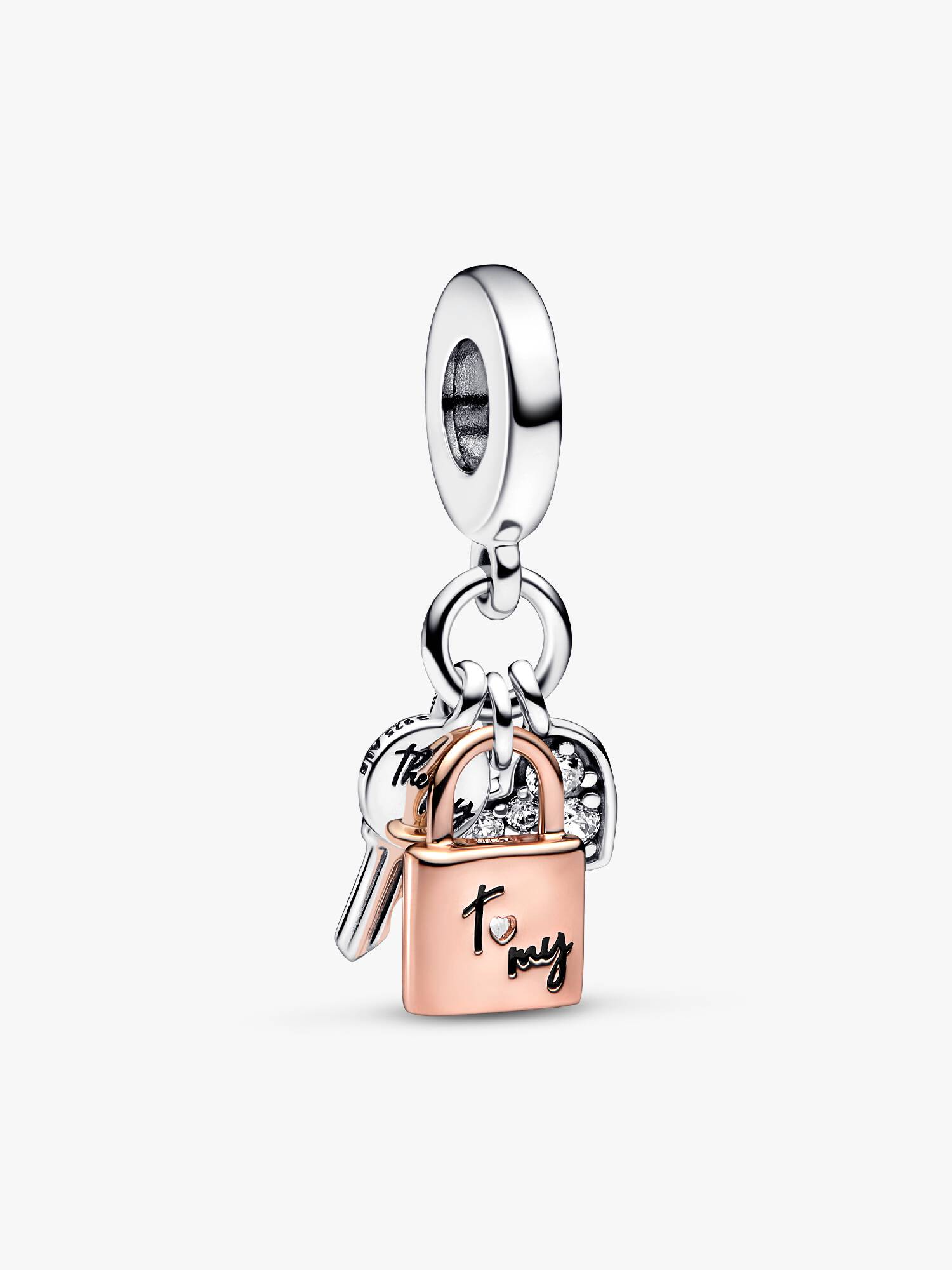 Charm Pendente Chiave, Lucchetto e Cuore
