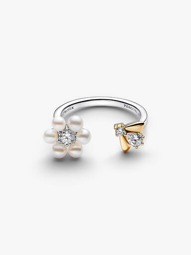 Bridgerton, Anello Aperto Ape e Fiore con Perle d'Acqua Dolce Coltivate