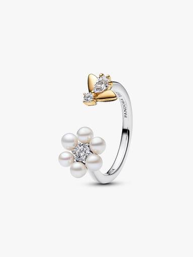 Bridgerton, Anello Aperto Ape e Fiore con Perle d'Acqua Dolce Coltivate