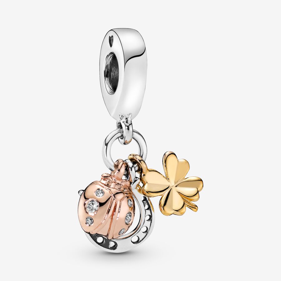 Horseshoe, clover and ladybird in silver, Pandora Shine and Pandora Rose dangle with clear cubic zirconia image number 0