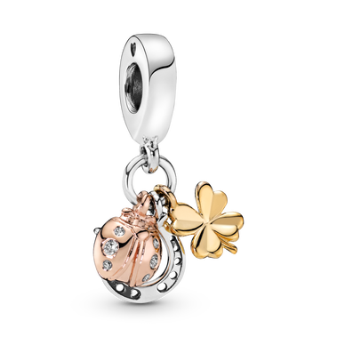 Horseshoe, clover and ladybird in silver, Pandora Shine and Pandora Rose dangle with clear cubic zirconia