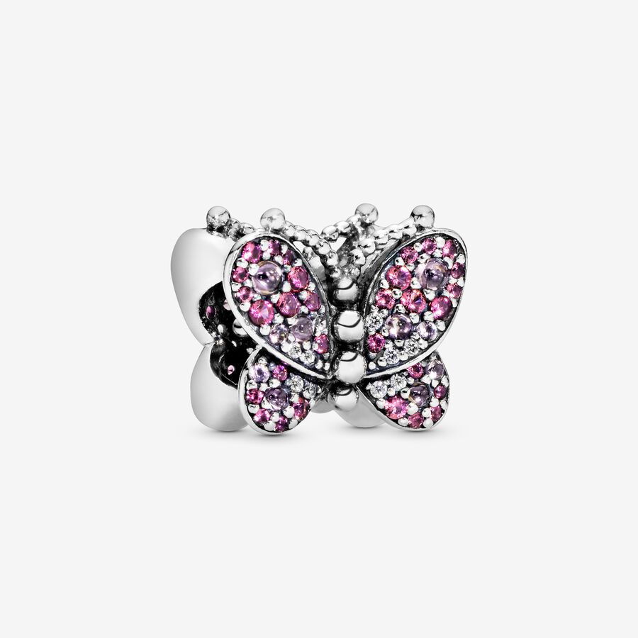 Butterfly silver charm with cerise, pink mist crystal and clear cubic zirconia image number 0