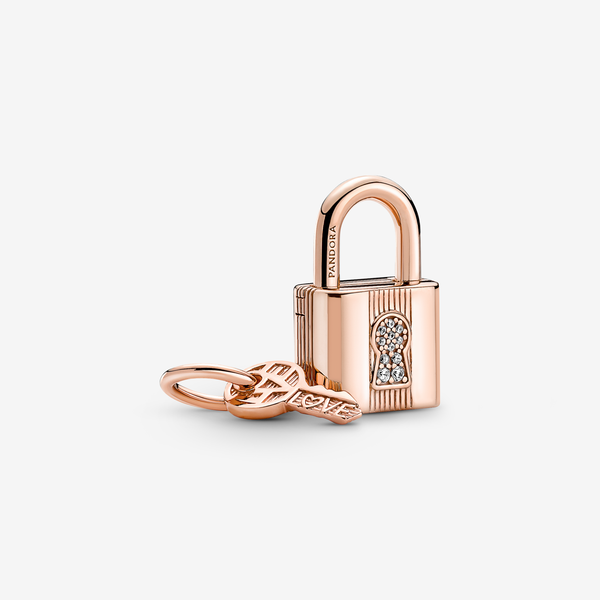 Pandora Charm Pendente Lucchetto e Chiave dell'Amore - Esclusiva lega metallica con placcatura in Oro rosa 14K / Zirconia cubica