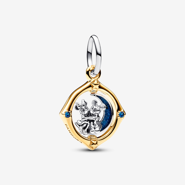 Pandora Disney, Pendente Mickey Mouse e Minnie sulla Luna - Smalto / Argento Sterling 925 con placcatura in Oro 14K / Cristallo creato dall’uomo / Blu
