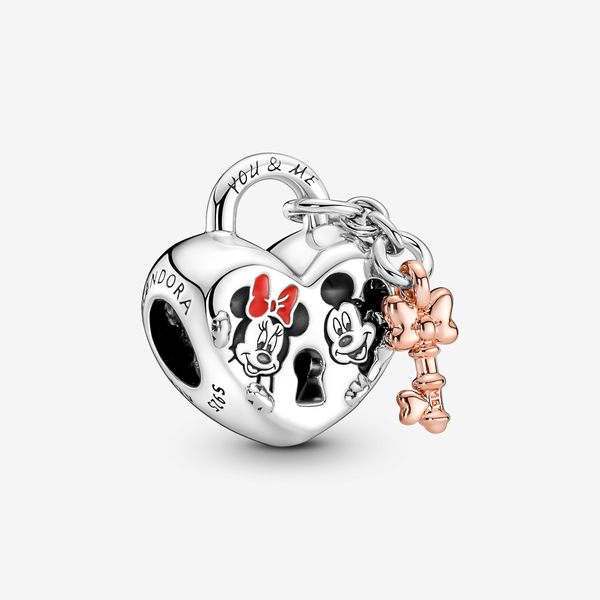Pandora Disney, Charm Lucchetto d'Amore Mickey Mouse & Minnie - Smalto / Argento 925 placcato oro rosa 14K / Rosso