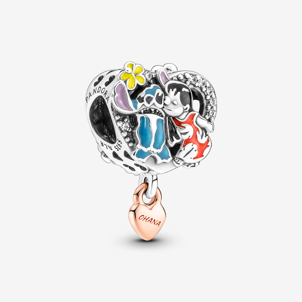 Pandora Disney, Charm Lilo & Stitch, Ohana - Smalto / Argento 925 placcato oro rosa 14K / Zirconia cubica / Multicolore