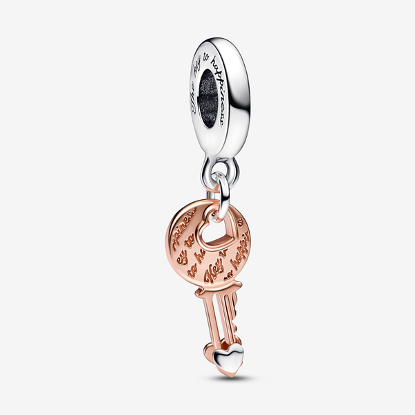 Pandora Charm Pendente Chiave della Felicità con Cuore scorrevole - Esclusiva lega metallica in Argento Sterling 925 con placcatura in Oro rosa 14K